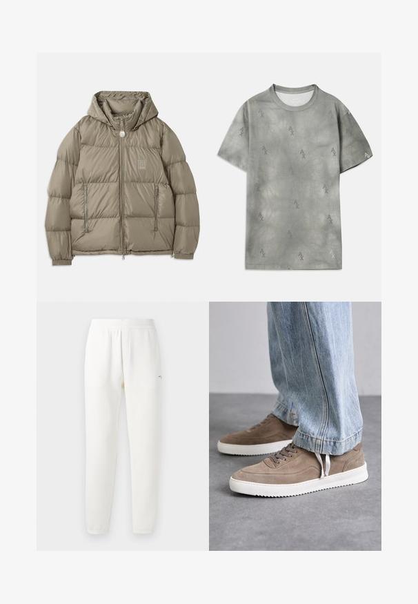 Pehmealt vooderdatud jakk kustunud oliivrohelises, millel on kapuuts, tõmblukkudega taskud, elastsed mansetid ja logo plaastri detail rinnal. Sujuv pind.; Hall hallide hõbedane t-särk, millel on peen AX logo muster, ümar kaelus, lühikesed varrukad ja vabalt istuv lõige. Sujuv tekstuur ja kergelt pleekinud stiil.; Valged dressipüksid, mis on valmistatud pehmest kangast, elastse vöökohtaga, kitsenevate jalgadega ja väikese logoga vasakul poolel.; Pruunid nahast spordijalatsid valgete kummist talladega, ümmarguste nööride ja madala profiiliga disainiga. Teeningud katavad osaliselt jalatseid.