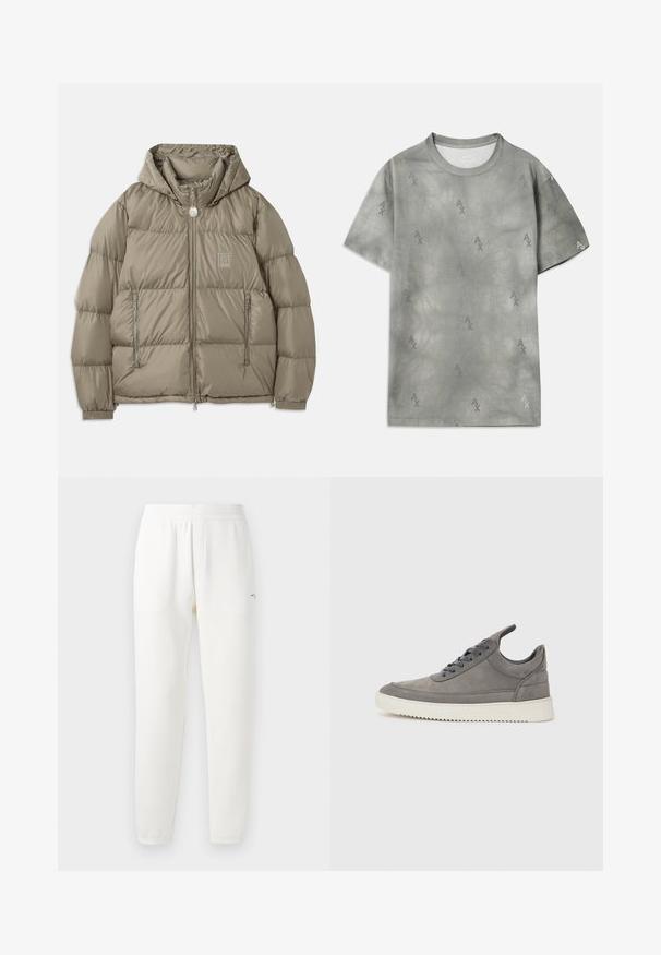 Geacă căptușită de culoare verde măslinie, cu glugă, buzunare cu fermoar, manșete elastice și o etichetă cu logo pe piept. Textură netedă.; Tricou din bumbac gri, cu un model subtil al logo-ului AX, guler rotund, mâneci scurte și o croială relaxată. Textură fină, cu un stil ușor decolorat.; Pantaloni de trening albi, confecționați dintr-un material moale, cu talie elastică, picioare conice și un logo mic pe partea stângă.; Adidași din suede gri cu un finisaj texturat, având o talpă din cauciuc alb, șireturi rotunde și un design de tip low-top.