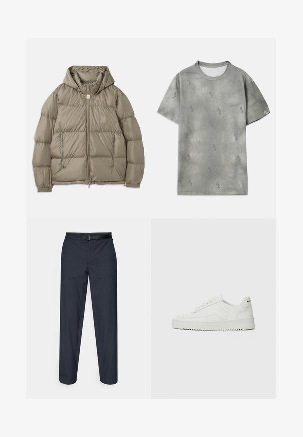 Gepolsterte Jacke in einem gedämpften Olivgrün, mit Kapuze, Reißverschlusstaschen, elastischen Bündchen und einem Logopatch auf der Brust. Glatte Textur.; Graues Baumwoll-T-Shirt mit dezentem AX-Logo-Muster, Rundhalsausschnitt, kurzen Ärmeln und lockerer Passform. Glatte Textur mit einem leicht verwaschenen Stil.; Dunkelblaue Hose mit geradem Schnitt, zwei Fronttaschen, einem schwarzen verstellbaren Gürtel und einer glatten Textur.; Weiße Ledersneaker mit glatter Oberfläche, runder Zehenpartie, flachen Schnürsenkeln und strukturiertem Sohlenprofil. Mit einem dezenten Logo an der Ferse.