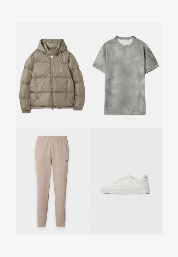 Podložena jakna v potlačeni olivno zeleni barvi z kapuco, z žepi na zadrgo, elastičnimi manšetami in logotipno nalepko na prsih. Gladka tekstura.; Siva bombažna majica z diskrečnim vzorcem logotipa AX, okroglim izrezom, kratkimi rokavi in sproščenim krojem. Gladka tekstura z rahlo zbledelim stilom.; Bež jogger hlače s taperirano krojenjem, elastičnim pasom, obrnjenimi hlačnicami in majhnim črnim logotipom EA7 na levi strani. Mehka tekstura tkanine.; Bela usnjena športna obutev z gladko površino, okroglo prst, ravne vezalke in teksturiran podplat. Ima diskretno logo na peti.