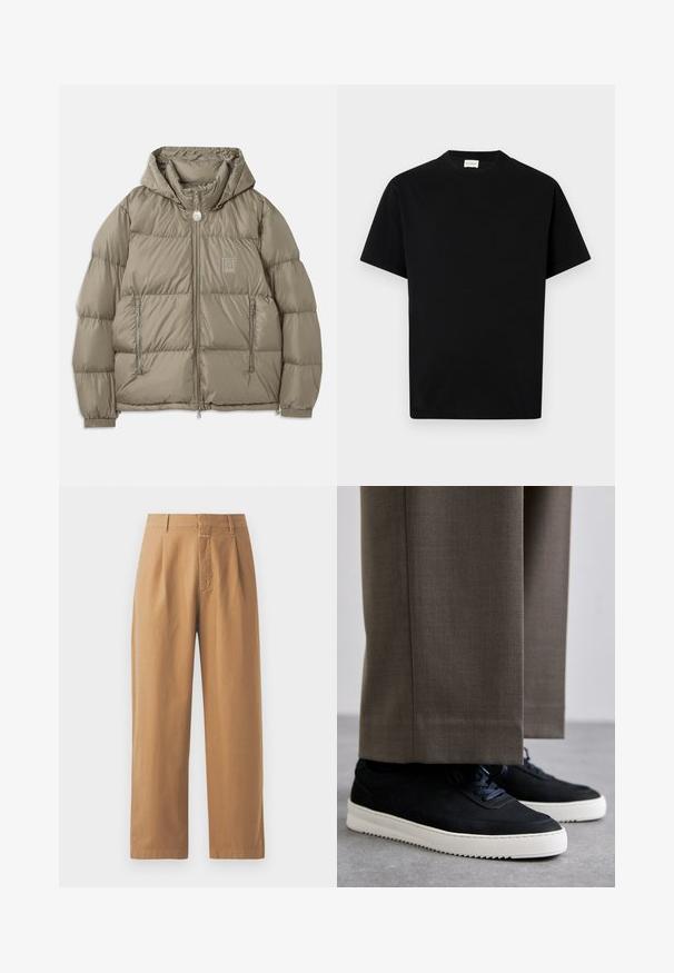 Gevoerde jas in een gedempt olijfgroen, met een capuchon, ritszakken, elastische manchetten en een logopatch op de borst. Glad oppervlak.; Zwarte katoen t-shirt met ronde hals, korte mouwen en rechte snit. Geen zichtbare patronen of hardwaredetails.; Bruine, wijde broek gemaakt van een soepele stof. Heeft een hoge taille met plooien, riemlussen en een enkele voorkant zak.; Zwarte suède sneakers met witte rubberen zolen, voorzien van een ronde neus en veters, gedragen met grijze tailored broek.