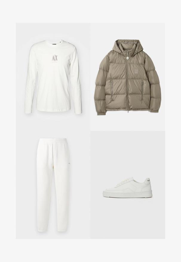 Vaatteetuntunut takki hillityssä oliivinvihreässä, jossa on huppu, vetoketjulliset taskut, elastiset hihansuut ja logo-tarra rinnassa. Sujuva pinta.; Pitkähihaisen valkoisen puuvillateepaidan etupuolella on pieni beigeklassinen logo, jossa lukee "AX" keskellä. T-paidassa on sileä pinta ja perinteinen pyöreä kaula-aukko.; Valkoiset collegehousut, jotka on valmistettu pehmeästä kankaasta, niissä on joustava vyötärö, kapenevat lahkeet ja pieni logo vasemmalla puolella.; Valkoinen nahkakenkä, jossa on sileä pinta, pyöreä kärki, tasaiset nauhat ja teksturoitu pohja. Sisältää huomaamattoman logon kantapäässä.
