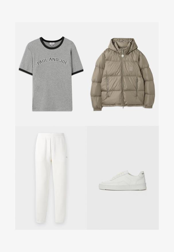Gepolsterte Jacke in einem gedämpften Olivgrün, mit Kapuze, Reißverschlusstaschen, elastischen Bündchen und einem Logopatch auf der Brust. Glatte Textur.; Graues Baumwoll-T-Shirt mit schwarzem geripptem Kragen und Ärmeln, auf der Vorderseite mit dem Text "PAUL AND JOE" in weißer, geschwungener Schrift.; Weiße Jogginghosen aus weichem Stoff, mit einem elastischen Bund, schmal zulaufenden Beinen und einem kleinen Logo auf der linken Seite.; Weiße Ledersneaker mit glatter Oberfläche, runder Zehenpartie, flachen Schnürsenkeln und strukturiertem Sohlenprofil. Mit einem dezenten Logo an der Ferse.