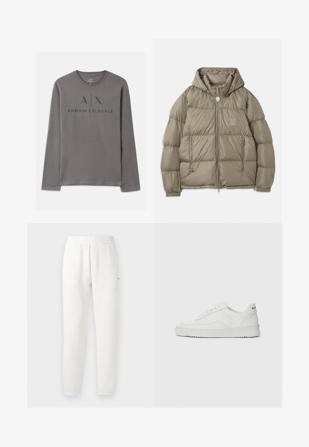 Pehmealt vooderdatud jakk kustunud oliivrohelises, millel on kapuuts, tõmblukkudega taskud, elastsed mansetid ja logo plaastri detail rinnal. Sujuv pind.; Pikkade varrukatega hall T-särk pehmest kangast, millel on ümmargune kaelus. Eesmine graafika sisaldab tumedates kirjas teksti "A|X ARMANI EXCHANGE".; Valged dressipüksid, mis on valmistatud pehmest kangast, elastse vöökohtaga, kitsenevate jalgadega ja väikese logoga vasakul poolel.; Valge nahast tennis, millel on sile põhi, ümar varvas, lamedad nöörid ja tekstuuriline tall. Sisaldab diskreetset logo kontsaribal.