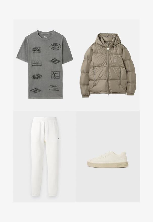 Polstret jakke i en dempet olivengrønn farge, med hette, glidelåslommer, elastiske mansjetter og et logo-patch på brystet. Glatt tekstur.; Grå bomulls t-skjorte med flere prekede lapper med "Armani Exchange" logo i forskjellige former og størrelser. Rund hals design.; Hvide sweatpants lavet af blødt stof, med elastisk talje, tapered ben og et lille logo på venstre side.; Hvite lerrets sneakers med en teksturert gummisåle, med en sydd tåhette og logo aksent på hælen. Enkel snøring.