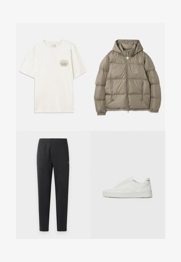 Pamata jaka bālā olīvzaļā krāsā, ar kapuci, ar rāvējslēdzēju kabatām, elastīgām aprocēm un logotipa uzšuvi uz krūtīm. Gluda tekstūra.; Krēmkrāsas T-krekls ar īsām piedurknēm, izgatavots no mīksta kokvilnas. Iezīmēts ar apļveida izšūtu logotipu kreisajā krūtī bēšo toņu krāsā. Kvadrātveida forma.; Melni sporta bikses, kas izgatavotas no mīkstas auduma, ar elastīgu jostasvietu, taisnām kājām un nelielu logotipa detaļu sānos.; Baltas ādas sneakers ar gludu virsmu, apaļu pirkstu daļu, plakaniem šņorēm un teksturētu zoli. Satur diskrētu logotipu uz papēža.