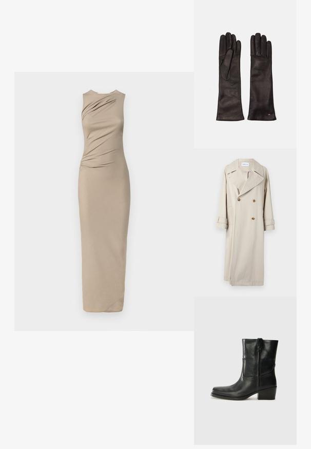 Beidza no kokvilnas treniņmētelis ar dubulto priekšu, lieliem atlokiem un pogu akcentiem. Iekļauj sānu kabatas un piedurknes ar apkaklēm.; Beidzot, bez piedurknēm, krēmkrāsas kleita ar savilktu detaļu sānos, pieguļošs siluets un grīdas garuma apakšmala. Gluda auduma struktūra ar vieglu spīdumu.; Melna ādas potīte ar noapaļotu purngalu, bloku papēdi, sānu rāvējslēdzēju un šuvju akcentiem uz virsmas. Gluda tekstūra, klasiskā dizaina.; Weekend Max Mara SENAPE - Cimdi - nero