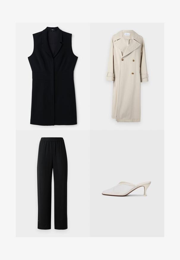Bež trench-jakk, mis on valmistatud puuvillast, topelt rinnaõmbluse, suurte kraede ja nööpide aktsentidega. Sisaldab küljetaskuid ja mansetiga varrukasid.; Must üheõlgne must bleiserikleit, millel on kohandatud lõige, kumer krae ja üksik eesmine kinnitamine. Sile kangas ja minimalistlik disain.; Mustad laiad mustad püksid, mis on valmistatud siledast kangast ja neil on elastne vöökoht. Omavad sirget lõiget ja minimaalset kaunistust. Sobivad igapäevaseks kandmiseks.; Valge võrkmaterjalist teravatoa mulli king, millel on peen keskmise kõrgusega konts ja libisev disain, tühjal taustal.