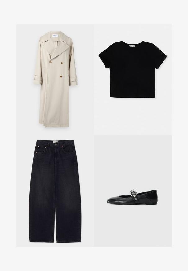 Bež trench-jakk, mis on valmistatud puuvillast, topelt rinnaõmbluse, suurte kraede ja nööpide aktsentidega. Sisaldab küljetaskuid ja mansetiga varrukasid.; Must muströömiline must t-särk, mis on valmistatud pehmest puuvillast. Sellel on lühikesed varrukad, ümar kaelus ja puhas serv ilma kaunistusteta.; Laiad mustad denimi teksad hõbedaste nuppudega, kahe esikoti ja sileda tekstuuriga. Puhtas disainis on sirge lõige.; Mustadest nahast balleti kingad terava varbaga, millel on rihm ümmarguse metallist pandlaga ja lame tald.