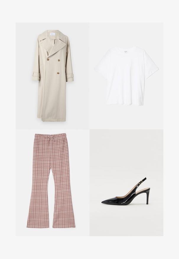 Béžový trenčkot vyrobený z bavlny, s dvojitým predným zapínaním, veľkými chlopňami a detailmi na gombíky. Obsahuje bočné vrecká a manžety na rukávoch.; Biely bavlnený tričko s krátkymi rukávmi, okrúhlym výstrihom, voľným strihom a prešitým lemom. Štítok viditeľný na vnútornom krku.; Hnedo-biele kárové rozšírené nohavice s elastickým pásom a šnúrkou, vyrobené z ľahkej tkaniny, s pohodlným strihom a jemnou textúrou.; Čierne lakované kožené slingback lodičky s špicatou špičkou, štíhlým podpätkom a jemným výrezom. Obsahuje zlatú pracku na remienku.
