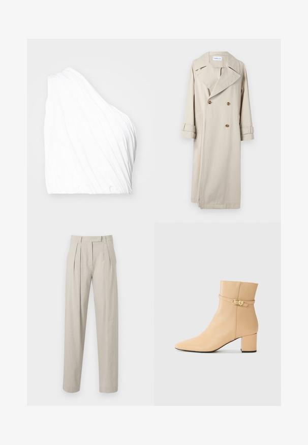 Krémszínű vászonballonkabát, dupla gombolású elülső résszel, nagy hajtókákkal és gombos díszítéssel. Oldalsó zsebekkel és felhajtott ujjakkal rendelkezik.; Aszimmetrikus, könnyű anyagból készült fehér felső, redőzött textúrával és rugalmas aljjal. Simább felület lágy, hullámzó vonalakkal.; Ráncosszárú nadrág világos bézs vászon anyagból, egyenes szárú kialakítással és sima textúrával. Nincsenek látható zsebek vagy záródások.; Beige bőr bokacsizma hegyes orral, vastag sarokkal és díszes bokapánttal, arany színű csattal.