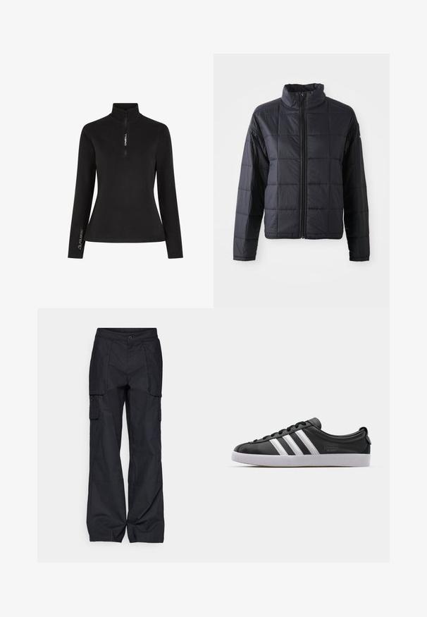 Giacca nera trapuntata con colletto alto, zip frontale completa e maniche lunghe. Realizzata in materiale leggero con una texture liscia.; Pullover nero a maniche lunghe con colletto a mezza zip. Presenta il logo "ONEILL" sul davanti e il marchio "POLARTEC" sulla manica, realizzato in tessuto morbido.; Columbia BREA FALLS™ COTTON RIPSTOP PANT - Pantaloni outdoor - black; Sneaker in pelle nera con design a tre strisce bianche, punta arrotondata, suola piatta in gomma bianca e dettaglio del marchio sul lato.