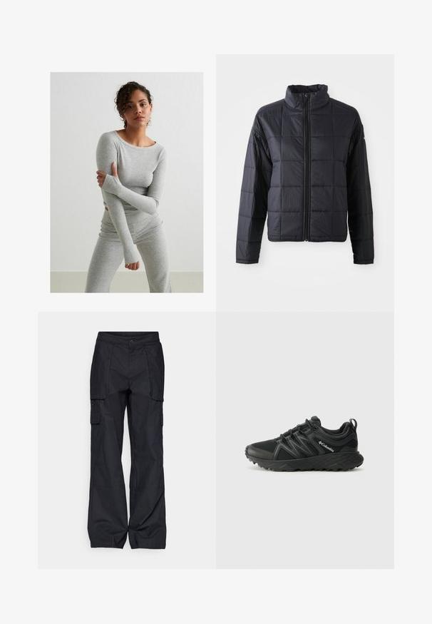 Juodas siūtas švarkas su aukštu apykakle, užtrauktuku per visą priekį ir ilgomis rankovėmis. Pagamintas iš lengvos medžiagos su lygiu paviršiumi.; Pilkas ilgomis rankovėmis viršus ir derančios leggings iš surišto audinio, su nykščio angomis ir apvalia iškirpte, ant paprasto fono.; Columbia BREA FALLS™ COTTON RIPSTOP PANT - Lauko kelnės - black; Columbia PEAKFREAK - Turistiniai batai - black