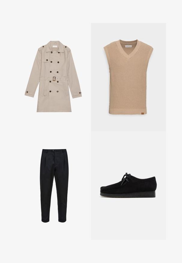 Cappotto beige con design doppiopetto, grandi bottoni scuri, vita con cintura, spalline sulle spalle e due tasche frontali.; Gilet lavorato a maglia beige senza maniche con scollatura a V, texture a costine e un piccolo etichetta in pelle sul lato sinistro in basso.; Pantaloni neri realizzati in un tessuto liscio, dotati di una parte anteriore plissettata, vestibilità affusolata e risvolti. Chiusura semplice con bottone in vita.; Scarpe in suede nere con una punta arrotondata, chiusura con lacci e suola in gomma nera texturizzata. Parte superiore liscia con dettagli di cucitura discreti.