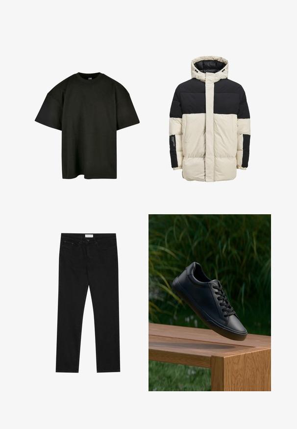 Puffer jacket featuring a cream body with black shoulders. It has a hood, zip closure, and elastic cuffs, made from smooth, quilted fabric.; Black oversized t-shirt in soft cotton. Features a round crew neckline and short sleeves, with a smooth texture and minimalist design.; Black straight-leg jeans with five-pocket design, button and zip fly closure, and a Pier One brand label on the waistband.; Black leather sneaker with a smooth texture, round toe, and flat laces, positioned above a wooden surface with green grass in the background.