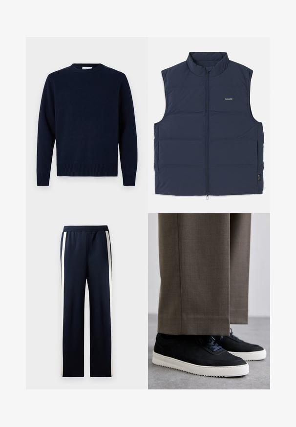 Marineblå polstret vest med høy krage, glidelås og åpninger til armene. Har et lite logo på brystet og en jevn tekstur.; Marineblå genser med mannskapshals, ribbestrikkede ermer og kant. Laget av mykt strikket materiale, med et enkelt og klassisk design.; Marineblå joggebukser med bred bendesign, med vertikale kremfargede striper langs sidene. Laget av myk, strukturert stoff med elastisk midjebånd.; Svarte suedeglans sneakers med hvite gummisåler, med rund tå og lisser, iført grå skreddersydde bukser.