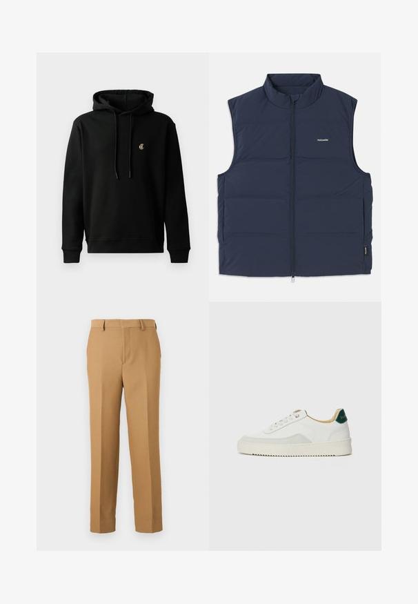 Marineblå polstret vest med høy krage, glidelås og åpninger til armene. Har et lite logo på brystet og en jevn tekstur.; Svart hettegenser laget av bomullsblanding, med en frontlomme med kengurudesign, snorhette og en liten brodert logo på brystet.; Beige dressbukser laget avvevd stoff, med rett snitt, flat front og beltehemper. Glatt tekstur uten synlige mønstre.; Hvit sneakers med semsket detaljer, rund tå, flate snøringer og en kremfarget gummisåle. Har grønn merking på hælen.