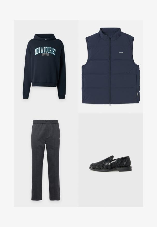 Tumed sinine polsterdatud vest kõrge krae, lukuga kinnituse ja küljeaukudega. Küljel on väike logo ja sile tekstuur.; Tumedast sinine lühikese varrukaga kapuutsiga sviiter. Omab teksti graafikat "MA EI OLE TURIST, MA ELAN SIIN" helesinise ja valge värviga. Ribitud mansetid.; Tumed hallid sirged püksid elastse vöökohaga, ees nööbiga sulgemine ja peenelt tikand paremal küljel.; Must musta kootud slip-on king, millel on pehme nahast accent ülaserval, ümmargune varvas ja madal profiiliga kummitald.