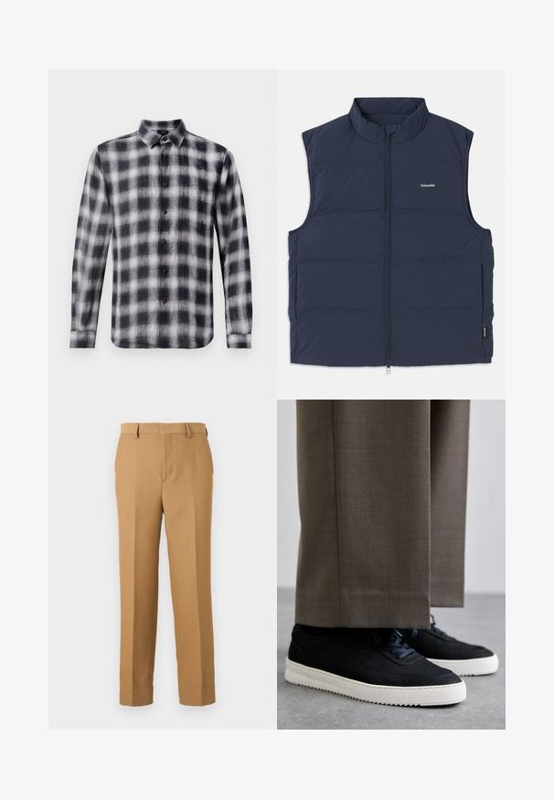Navyblaue gepolsterte Weste mit hohem Kragen, Reißverschluss und seitlichen Armausschnitten. Mit einem kleinen Logo auf der Brust und glatter Textur.; Karierte Hemd in Schwarz und Weiß, mit langen Ärmeln, Kragen, aus leichtem Stoff mit weicher Textur, mit schwarzen Knöpfen.; Beige Anzughosen aus gewebtem Stoff, mit geradem Schnitt, flachem Front und Gürtelschlaufen. Glatte Textur ohne sichtbare Muster.; Schwarze Wildleder-Sneaker mit weißen Gummisohlen, mit einer abgerundeten Zehenpartie und Schnürsenkeln, getragen zu grauen maßgeschneiderten Hosen.