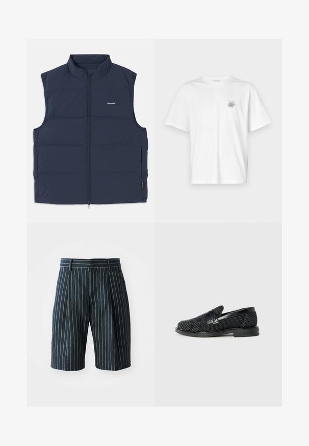 Tengerészkék, párnázott mellény magas gallérral, cipzáras záródással és oldalsó karnyílásokkal. Kicsi logóval rendelkezik a mellkason és sima tapintású.; Fehér pamut póló rövid ujjakkal, kerek nyakkal, és egy kis szürke logóval a bal mellrészen. Sima tapintású.; Kék csíkos, egyenes szabású sort, derékrésszel és redőkkel, texturált anyagból. Nincsenek látható zsebek vagy fémalkatrészek.; Fekete szőtt slip-on cipő sima bőr díszítéssel a felsőrészen, kerek orral és alacsony profilos gumitalppal.