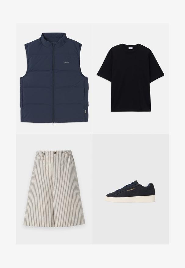 Navy blue padded vest with a high collar, zip closure, and side arm openings. Features a small logo on the chest and smooth texture.; Black short-sleeve oversized T-shirt with round neckline and visible Filippa K brand label inside the collar.; Beige striped shorts with a relaxed fit, made of lightweight fabric. Features a button closure and two side pockets.; Navy blue suede low-top sneaker with white sole, navy laces, and "Filling Pieces" logo in gold on the side.