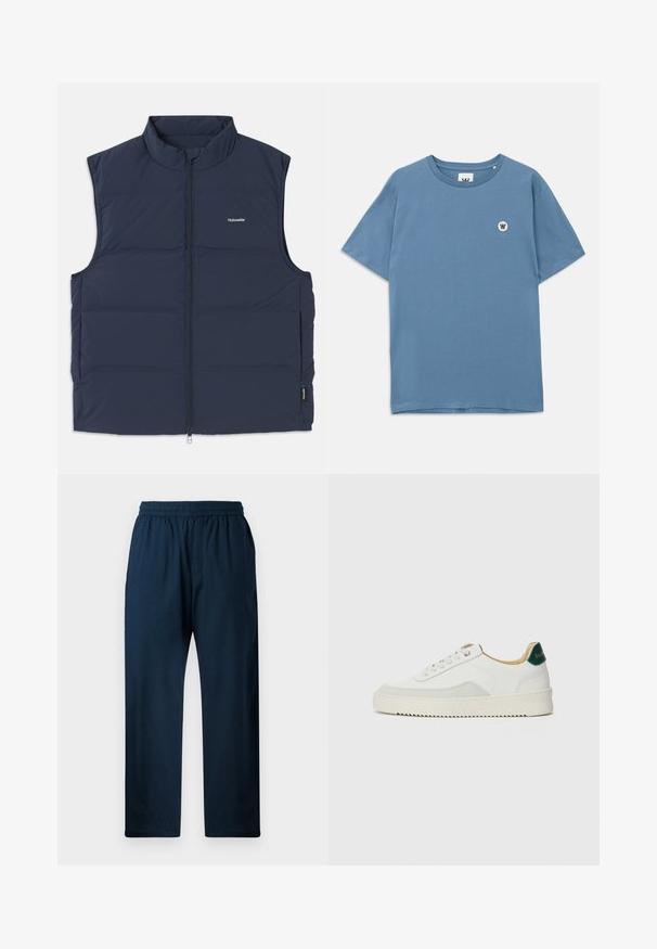 Marinblå vadderad väst med hög krage, dragkedjestängning och öppningar vid armarna. Har en liten logotyp på bröstet och en slät yta.; Blå bomullströja med rund halsringning, korta ärmar och en liten rund logotyp med ett "W" på vänster bröst.; Marinblå byxor i bomullsblandning med elastisk midja, rak bendesign, sidofickor och en mjuk textur.; Vit sneaker med mockadetaljer, rund tå, platta snören och en krämfärgad gummisula. Har grön branding på hälen.
