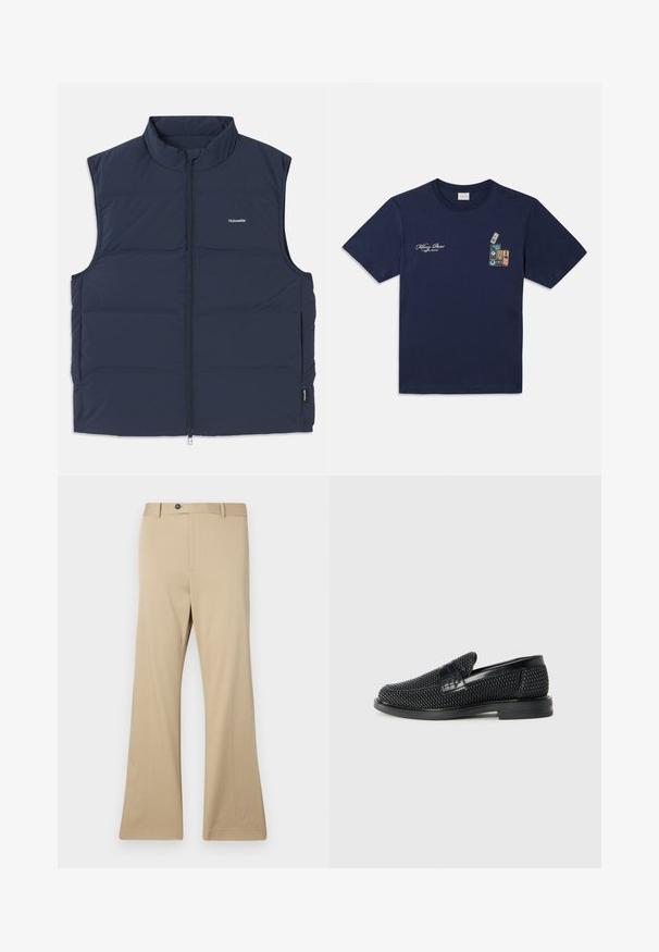 Gilet imbottito blu navy con colletto alto, chiusura a zip e aperture laterali per le braccia. Presenta un piccolo logo sul petto e una texture liscia.; T-shirt in cotone blu navy con maniche corte, caratterizzato da una grafica di cassette sovrapposte e dal testo "Killing Bees" sul petto.; Pantaloni beige a zampa d'elefante realizzati in tessuto liscio. Presentano una chiusura con bottone, tasche frontali e una vestibilità sagomata sui fianchi che si allarga fino a una gamba ampia.; Scarpa nera a mocassino intrecciata con un accentuato in pelle liscia sulla parte superiore, design a punta rotonda e suola in gomma a profilo basso.