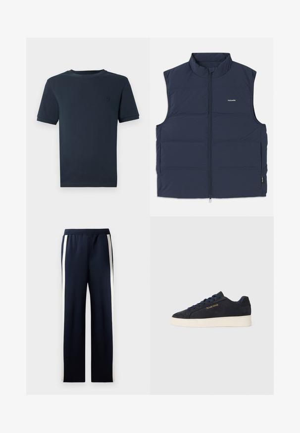 Tmavomodrý prešívaný vest s vysokým golierom, zipsom na prednej strane a otvormi na ruky po stranách. Obsahuje malé logo na hrudi a hladkú textúru.; Tmavomodré bavlnené tričko s krátkymi rukávmi, okrúhlym výstrihom a malým textúrovaným logom na ľavej strane hrudníka. Hladký povrch látky.; Námornícke teplákové nohavice s širokým strihom, s vertikálnymi krémovými pruhmi po stranách. Vyrobené z mäkkého, textúrovaného materiálu s elastickým pásom.; Námornícky modré semišové nízke tenisky s bielou podrážkou, námorníckymi šnúrami a zlatým logom "Filling Pieces" na boku.