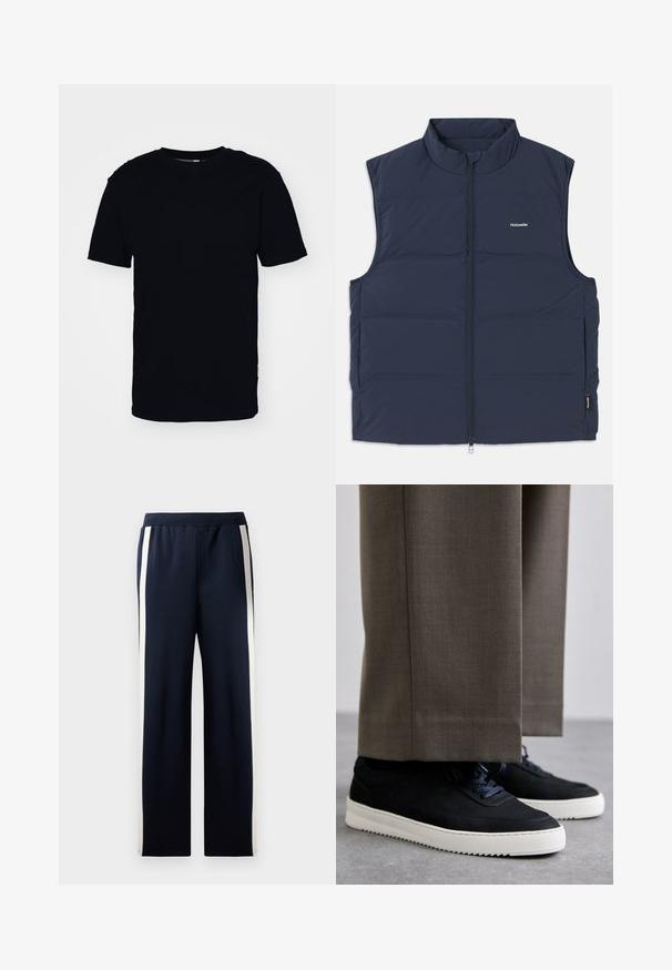 Marineblå polstret vest med høy krage, glidelås og åpninger til armene. Har et lite logo på brystet og en jevn tekstur.; Svart kortermet t-skjorte laget av bomull. Har rund hals og en klassisk passform. Ingen synlige mønstre eller hardware-innslag.; Marineblå joggebukser med bred bendesign, med vertikale kremfargede striper langs sidene. Laget av myk, strukturert stoff med elastisk midjebånd.; Svarte suedeglans sneakers med hvite gummisåler, med rund tå og lisser, iført grå skreddersydde bukser.