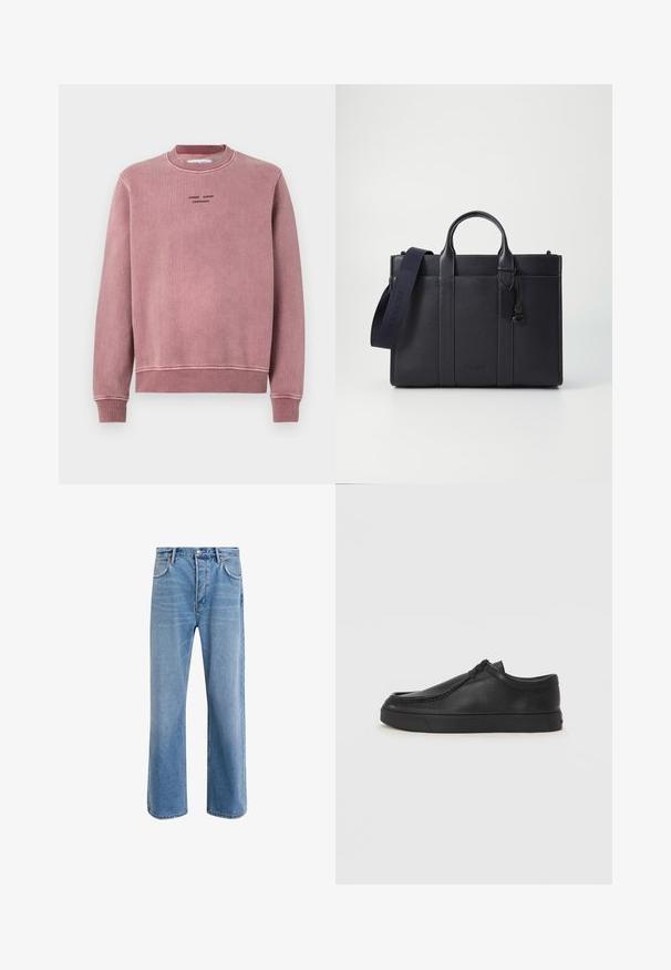 Dark brown Barbour coat with button closure, two flap pockets, and corduroy collar, displayed on white background.; Rose pink sweatshirt with a textured fabric, ribbed cuffs and neckline, and embroidered logo details in black on the front.; Light blue denim jeans with a straight-leg design, five pockets, button closure, minimal fading, and contrasting stitching details.; Black leather slip-on shoe with a rounded toe, stitched detailing, and black rubber sole. Smooth texture with minimalistic design.; Dark navy leather briefcase with dual top handles and a detachable strap. Features textured finish, vertical stitching, and logo detail.