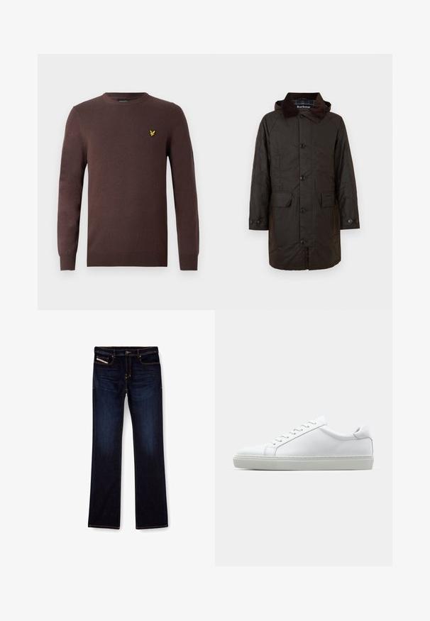 Donkerbruine Barbour jas met knoopsluiting, twee klepzakken en een corduroy kraag, gepresenteerd op een witte achtergrond.; Bruine trui gemaakt van zachte gebreide stof, met een ronde halslijn en lange mouwen. Borduurwerk van een gele vogel op de borst als accent.; Donkerblauwe denim jeans met een rechte pijp, voorzien van oranje stiksels, een ritssluiting en voorzakken. Glad oppervlak en een standaard tailleband.; Witte sneaker met een gladlederen bovenwerk en een laag profiel. Voorzien van een ronde neus, zes vetergaatjes en een gestructureerde rubberen zool.