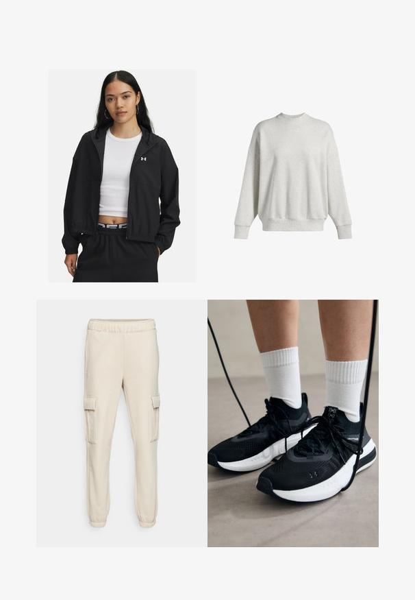 Čierna bundá na zips s kapucňou a elastickými manžetami, ktorú charakterizuje elegantný dizajn. Tkanina vyzerá hladko a na hrudi sa nachádza logo Under Armour.; Svetlá šedá mikina vyrobená z mäkkej zmesi bavlny, s okrúhlym výstrihom, spustenými ramenami, rebrovanými manžetami a malým logom na hrudi.; Béžové cargo nohavice z mäkkej tkaniny, s elastickým pásom, dvoma bočnými vreckami a rebrovanými manžetami na členkoch.; Čierne športové topánky s textúrovanou tkaninou, bielou podrážkou a čiernymi šnúrkami. Nosené s bielymi rebrovanými ponožkami, postavené na svetlom povrchu.