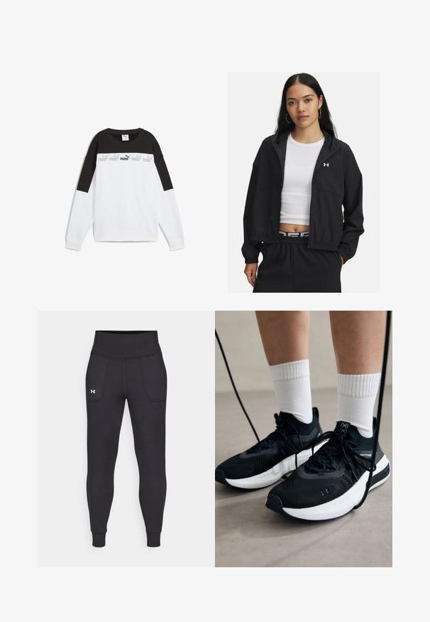 Must mustiga kapuutsiga must jakke, millel on elastsed mansetid ja stiilne disain. Kangas näeb välja sile, rinnal on Under Armour'i logo.; Valge dressipluus musta ülemise paneeliga, millel on korduv hall "PUMA" logo. Valmistatud pehmest kangast, millel on pikad varrukad ja ümmargune kaelus.; Mustad must-harjutuslegid, mis on valmistatud elastse materjali jaoks, kõrge vöökoha, küljetaskute ja tihedalt istuvate pahkluude vahega.; Mustad mustad jalanõud tekstuuritud kangast, valge tallaga ja mustade paeltega. Kanna valgete soonikkudega sokkide sisse, seistes helesinisel pinnal.