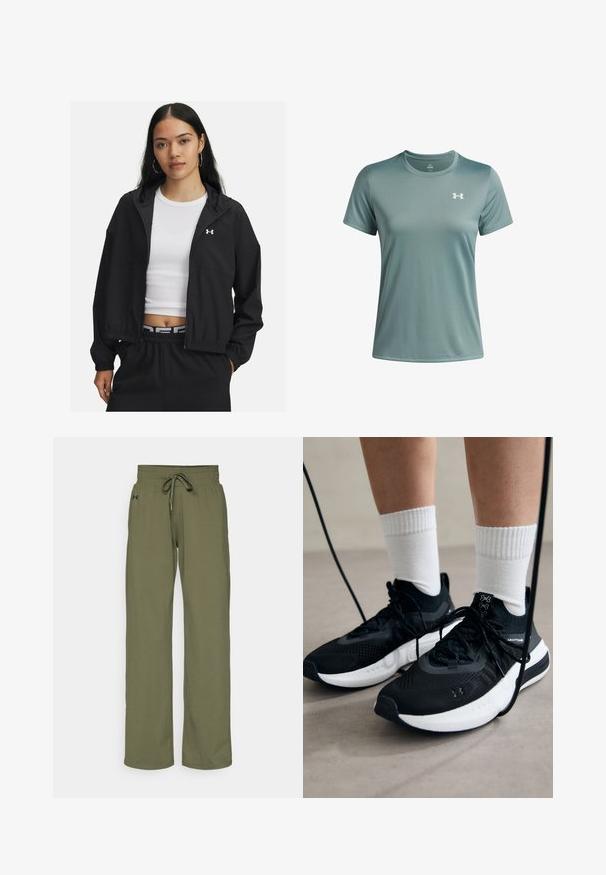 Juodas užtrauktuku užsegamas džemperis su kapišonu ir elastingomis rankovėmis, pasižymintis stilingu dizainu. Medžiaga atrodo lygi, ant krūtinės puikuojasi Under Armour logotipas.; Šviesiai žalia trumpomis rankovėmis marškinėliai, pagaminti iš lygaus, pralaidaus audinio. Sukurti su apvaliu kaklu ir mažu baltu logotipu kairėje krūtinės pusėje.; Under Armour MOTION OPEN PANT - Treningo apatinė dalis - marine green/black; Juodi sportiniai batai su tekstūruotu audiniu, balta padu ir juodais raiščiais. Dėvimi su baltais raištiniais kojiniais, stovint lengvame paviršiuje.