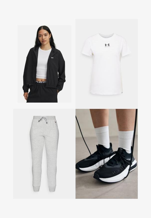Sort lynlåset jakke med hætte og elastiske manchetter, som har et stilrent design. Stoffet ser glat ud, med et Under Armour-logo på brystet.; Hvid bomulds T-shirt med korte ærmer. Har et sort Under Armour-logo på brystet. Klassisk crew neck design. Glat tekstur.; Grå sweatpants lavet af blød stof, med en elastisk talje og snøre, strammende ben og ribbede manchetter.; Sorte sportssko med tekstureret stof, hvid sål og sorte snørebånd. Båret med hvide ribbede sokker, stående på en lys overflade.
