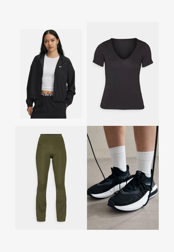 Must mustiga kapuutsiga must jakke, millel on elastsed mansetid ja stiilne disain. Kangas näeb välja sile, rinnal on Under Armour'i logo.; Must päikesevarjuga V-kaelusega lühikeste varrukatega T-särk, mis on valmistatud siledast kangast, samuti kitsas siluett ja puhas, õmblusteta serv.; Oliivrohelised retuusid kõrge vöökohtaga, valmistatud venivast kangast. Omab küljetaskut ja lamedaid õmblusi mugavuse ja paindlikkuse tagamiseks.; Mustad mustad jalanõud tekstuuritud kangast, valge tallaga ja mustade paeltega. Kanna valgete soonikkudega sokkide sisse, seistes helesinisel pinnal.