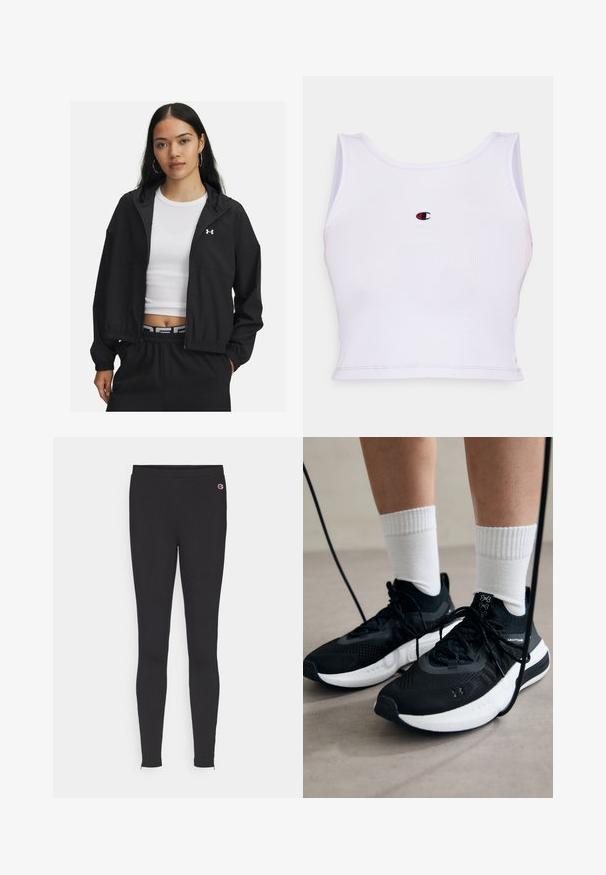 Black zip-up jacket with a hood and elastic cuffs, featuring a sleek design. The fabric appears smooth, with an Under Armour logo on the chest.; White ribbed tank top with a rounded neckline, featuring a small embroidered logo in red and black centered on the chest.; Black slim-fit leggings with small Champion logo on upper left thigh and ankle zippers on plain white background.; Black athletic shoes with textured fabric, white sole, and black laces. Worn with white ribbed socks, standing on a light surface.