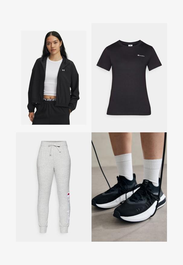 Black zip-up jacket with a hood and elastic cuffs, featuring a sleek design. The fabric appears smooth, with an Under Armour logo on the chest.; Black short-sleeve t-shirt made of cotton, featuring a small embroidered logo on the chest. Classic crewneck design with a soft texture.; Gray cotton blend sweatpants with an elastic waistband, drawstring, and ribbed cuffs. Features a white "Champion" logo on the side.; Black athletic shoes with textured fabric, white sole, and black laces. Worn with white ribbed socks, standing on a light surface.