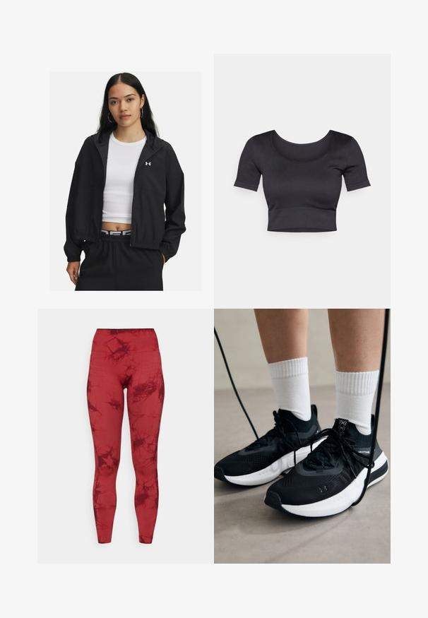 Black zip-up jacket with a hood and elastic cuffs, featuring a sleek design. The fabric appears smooth, with an Under Armour logo on the chest.; Black ribbed cropped top with short sleeves, wide round neckline, and a fitted band at the bottom. Soft texture, casual design.; ONLY Play ONPTIE SEAM - Leggings - sun dried tomato; Black athletic shoes with textured fabric, white sole, and black laces. Worn with white ribbed socks, standing on a light surface.