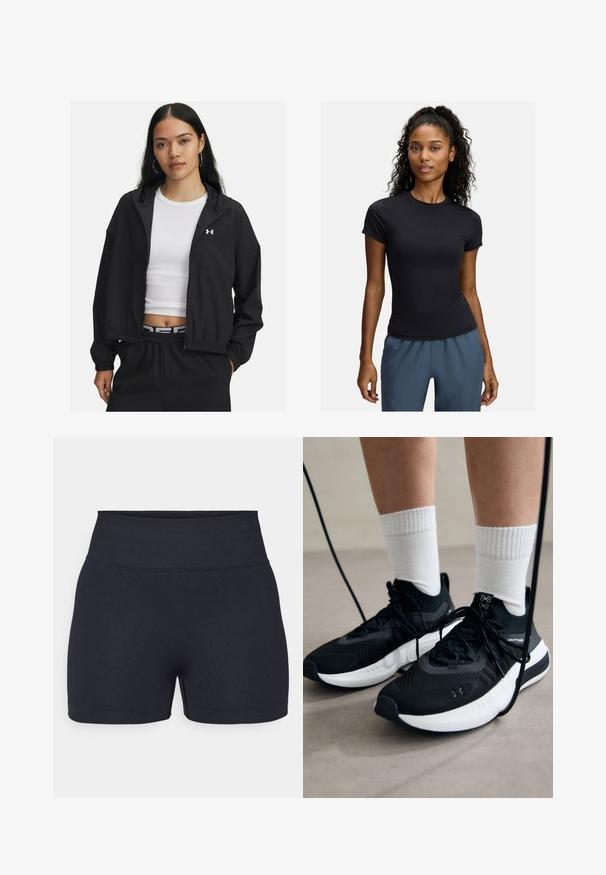 Giacca nera con zip, cappuccio e polsini elastici, caratterizzata da un design elegante. Il tessuto appare liscio, con il logo Under Armour sul petto.; Maglietta atletica nera a maniche corte realizzata in tessuto elasticizzato, con un collo rotondo e un design aderente, abbinata a pantaloni atletici grigi.; Shorts atletici neri a vita alta, realizzati in tessuto elasticizzato. Presentano una texture liscia e linee pulite con un design semplice.; Scarpe sportive nere con tessuto testurizzato, suola bianca e lacci neri. Indossate con calzini bianchi a costine, in piedi su una superficie chiara.
