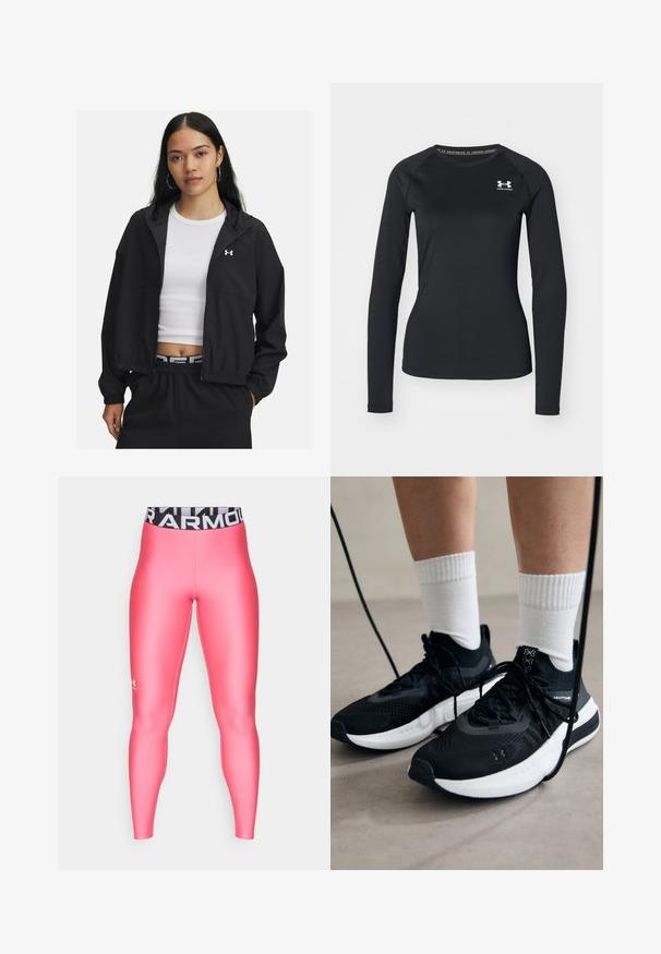 Črna zip majica s kapuco in elastičnimi manšeti, ki se ponaša s sleek dizajnom. Tkanina se zdi gladka, na prsih je logotip Under Armour.; Črna dolga športna majica s splošno teksturo, ki ima okroglo izrezovanje in majhen bel znak na levem prsnem delu.; Under Armour HEATGEAR - Pajkice - super pink/white; Črne športne čevlje z strukturirano tkanino, belo podplatom in črnimi vezalkami. Nosi se z belimi rebrastimi nogavicami, stoje na svetli površini.