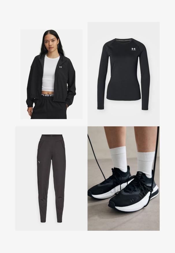 Sort lynlåset jakke med hætte og elastiske manchetter, som har et stilrent design. Stoffet ser glat ud, med et Under Armour-logo på brystet.; Sort langærmet atletisk skjorte lavet af glat stof, med rund halsudskæring og et lille hvidt logo på venstre bryst.; Sorte atletiske leggings lavet af strækbart stof, med en høj talje, sidelommer og et lille reflekterende logo på venstre lår.; Sorte sportssko med tekstureret stof, hvid sål og sorte snørebånd. Båret med hvide ribbede sokker, stående på en lys overflade.