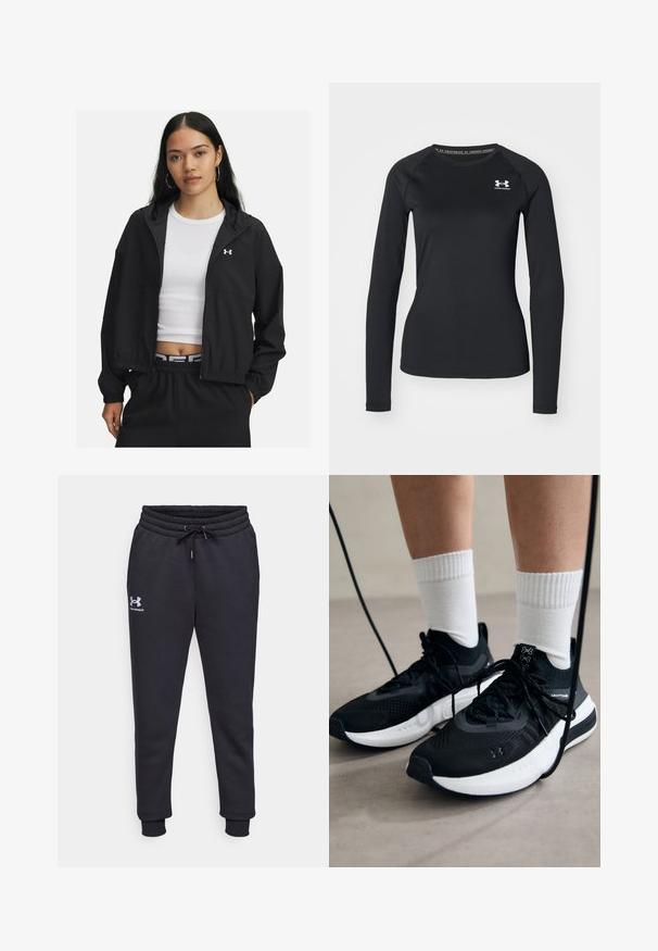 Sort lynlåset jakke med hætte og elastiske manchetter, som har et stilrent design. Stoffet ser glat ud, med et Under Armour-logo på brystet.; Sort langærmet atletisk skjorte lavet af glat stof, med rund halsudskæring og et lille hvidt logo på venstre bryst.; Sorte sweatpants lavet af blødt materiale, med en elastisk talje og snor, indsnævrede ben og et lille hvidt logo på venstre hofte.; Sorte sportssko med tekstureret stof, hvid sål og sorte snørebånd. Båret med hvide ribbede sokker, stående på en lys overflade.