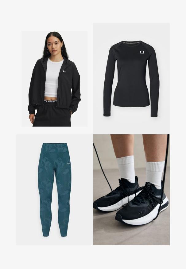 Juodas užtrauktuku užsegamas džemperis su kapišonu ir elastingomis rankovėmis, pasižymintis stilingu dizainu. Medžiaga atrodo lygi, ant krūtinės puikuojasi Under Armour logotipas.; Juoda ilgarankovė sportinė marškinėlė, pagaminta iš lygaus audinio, su apvaliu kaklu ir maža balta logotipu kairėje krūtinės pusėje.; Aukšto liemens tipo kelnes tamsiai žalsvame atspalvyje su subtiliu kamufliažo raštu, pagamintos iš tamprių audinių su minkštu paviršiumi.; Juodi sportiniai batai su tekstūruotu audiniu, balta padu ir juodais raiščiais. Dėvimi su baltais raištiniais kojiniais, stovint lengvame paviršiuje.