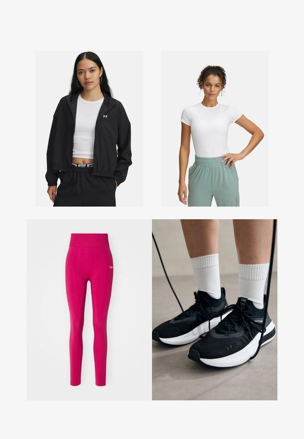 Juodas užtrauktuku užsegamas džemperis su kapišonu ir elastingomis rankovėmis, pasižymintis stilingu dizainu. Medžiaga atrodo lygi, ant krūtinės puikuojasi Under Armour logotipas.; Baltas prigludęs marškinėliai su trumpomis rankovėmis, derinami su šviesiai žaliomis elastingomis kelnėmis. Lygi tekstūra, minimalistinis dizainas, be akivaizdžių raštų.; Prigludę rožinės spalvos legginsai su aukštu juosmeniu, pagaminti iš lygaus, tamprios medžiagos, su tekstūruotais elementais palei kojas. Prekių ženklas baltos spalvos.; Juodi sportiniai batai su tekstūruotu audiniu, balta padu ir juodais raiščiais. Dėvimi su baltais raištiniais kojiniais, stovint lengvame paviršiuje.