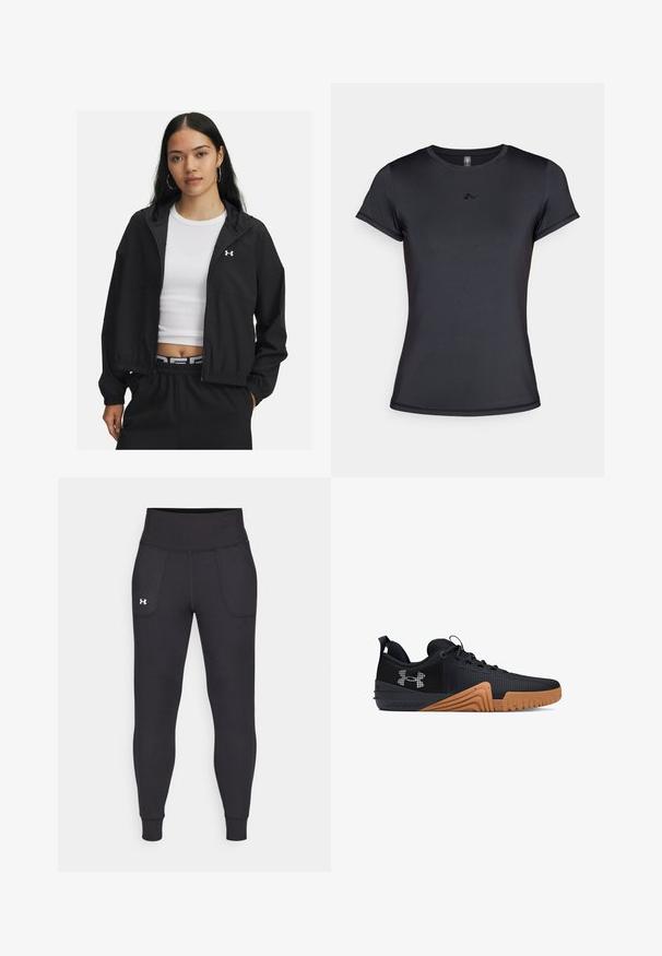 Black zip-up jacket with a hood and elastic cuffs, featuring a sleek design. The fabric appears smooth, with an Under Armour logo on the chest.; Black short-sleeve t-shirt made of smooth, breathable fabric featuring a minimal logo design on the front. Classic crew neckline.; Black athletic leggings made from stretchy material, featuring a high waistband, side pockets, and fitted cuffs at the ankle.; Black athletic shoes with a textured material, rubber sole in tan with grip patterns, and a contrasting logo on the side.