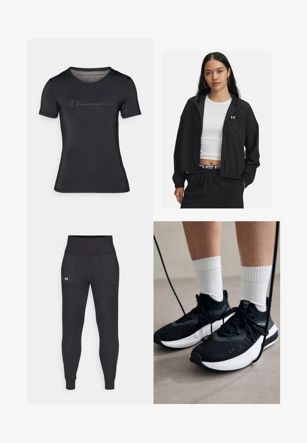 Mustat vetoketjulliset takki huppulla ja joustavilla hihansuilla, jossa on tyylikäs muotoilu. Kankaan pinta näyttää sileältä, ja rinnassa on Under Armour -logo.; Mustat urheilu t-paita, joka on valmistettu sileästä ja kevyestä kankaasta. Siinä on pyöreä kaula-aukko ja lyhyet hihat, ja edessä on hillitty, tumma "Champion"-logo.; Mustat urheiluhousut, jotka on valmistettu venyvästä materiaalista. Niissä on korkea vyötärö, sivutaskut ja tiukat lahkeensuuthteet.; Mustat urheilukengät, joissa on teksturoitua kangasta, valkoiset pohjat ja mustat nauhat. Yhdistetty valkoisten urheilusukkien kanssa, seisten vaalealla pinnalla.