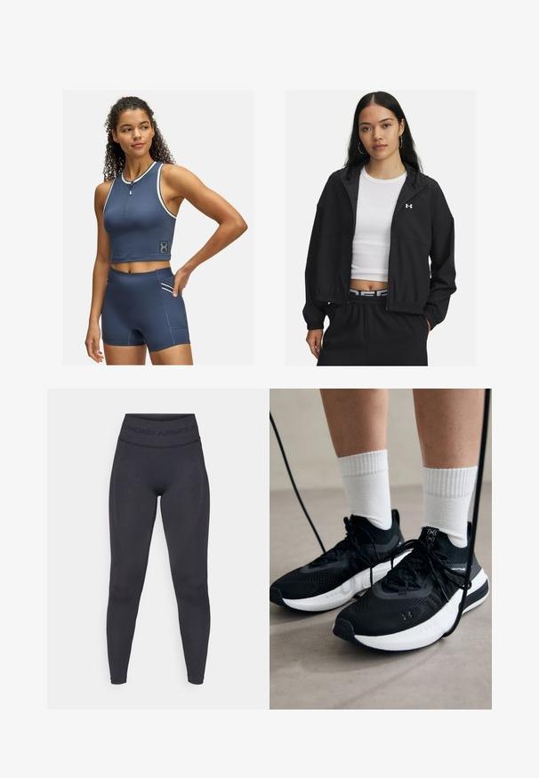 Chaqueta negra con cremallera y capucha, con puños elásticos, que presenta un diseño elegante. La tela parece suave, con un logo de Under Armour en el pecho.; Top corto atlético de color azul marino con cremallera frontal y detalles en blanco; combinado con pantalones cortos de talle alto que cuentan con un bolsillo lateral y detalles a juego.; Leggings negros con una cinturilla elástica alta que presenta el texto "UNDER ARMOUR". Textura suave con detalles de patrón sutil a lo largo de las piernas.; Zapatillas deportivas negras con tela texturizada, suela blanca y cordones negros. Llevadas con calcetines blancos de canalé, de pie sobre una superficie clara.