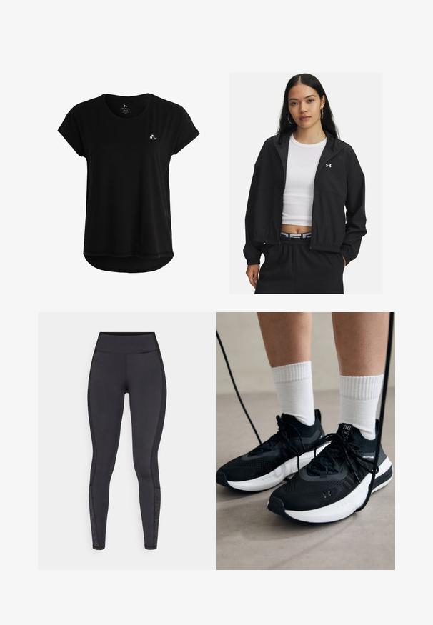Black zip-up jacket with a hood and elastic cuffs, featuring a sleek design. The fabric appears smooth, with an Under Armour logo on the chest.; Black short-sleeve t-shirt made of soft fabric, featuring a curved hem and a small logo on the chest. Simple and minimalist design.; Black leggings made from stretchy material. High-rise waistband, smooth texture, featuring patterned accents at the lower leg.; Black athletic shoes with textured fabric, white sole, and black laces. Worn with white ribbed socks, standing on a light surface.