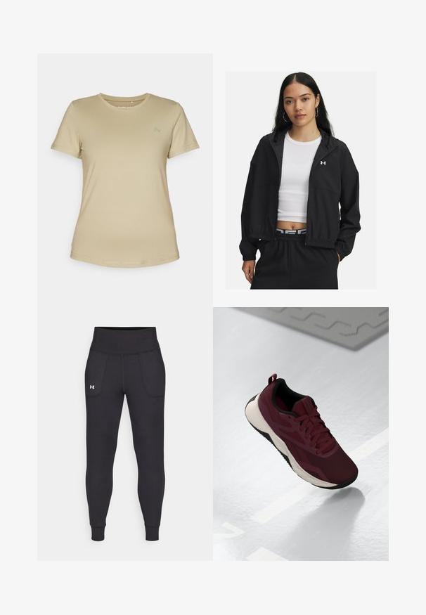 Czarna kurtka zapinana na zamek z kapturem i elastycznymi mankietami, o eleganckim fasonie. Materiał wydaje się gładki, z logo Under Armour na klatce piersiowej.; Beżowa koszulka z krótkim rękawem, wykonana z gładkiego, elastycznego materiału. Posiada okrągły dekolt oraz subtelne logo na górnej lewej części klatki piersiowej.; Czarne legginsy sportowe wykonane z elastycznego materiału, z wysokim stanem, bocznymi kieszeniami i dopasowanymi mankietami przy kostkach.; Bordowe buty sportowe z siateczkową cholewką, czarnymi akcentami i wyściełaną białą podeszwą. Posiadają sznurowaną klamrę oraz uchwyt na pięcie.
